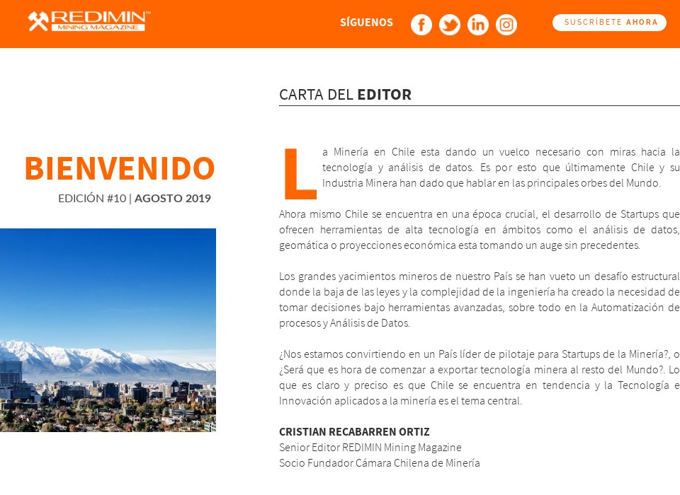 Carta del Editor | REDIMIN Magazine Agosto 2019 - Abril 2020